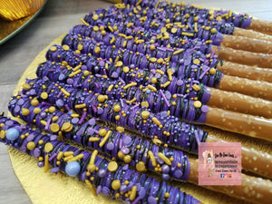 Royal Purple Princess Theme Chocolate Covered Dipped Pretzel Rods Purple & Gold 1 Dozen (12ct)