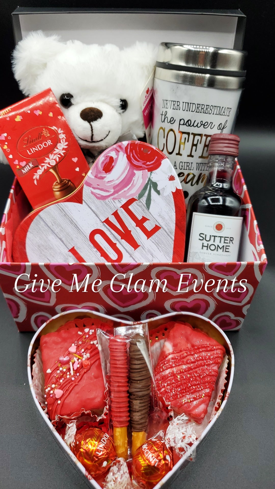 Valentine Teddy Bear, Mini Wine & Chocolate Covered Treat OR Strawberry Gift Boxes (LOCAL PICKUP ONLY)