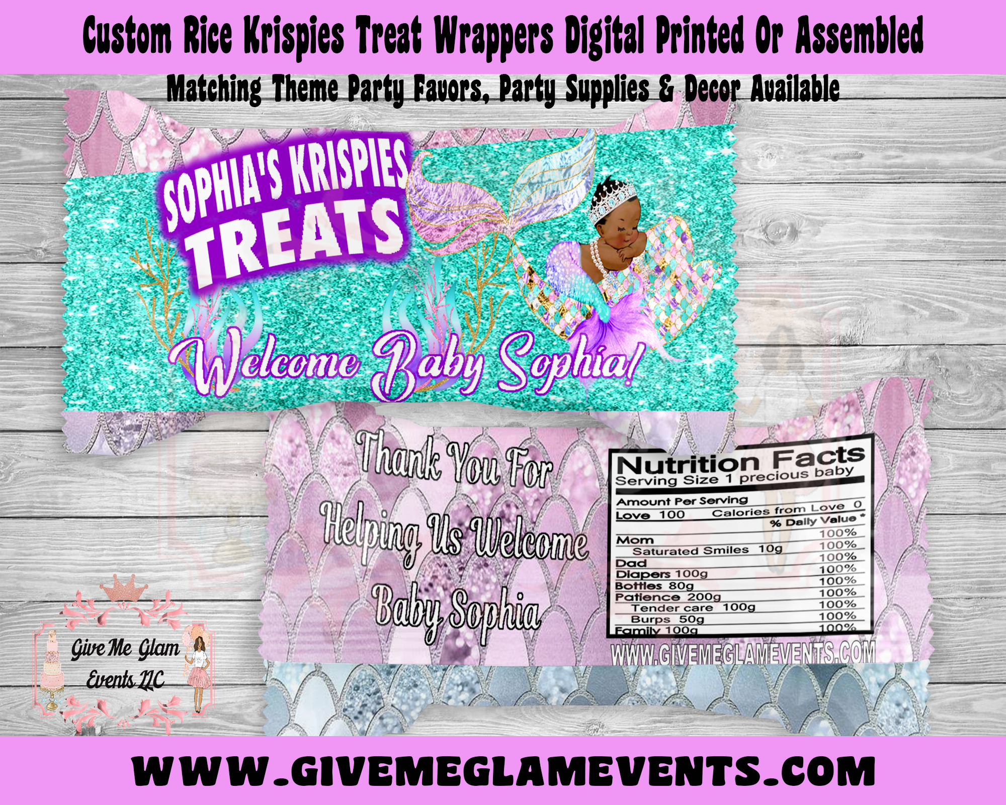 Mermaid Baby Shower Rice Krispies Treats & Wrappers - Baby Mermaid - Digital File - Printed - Assembled Party Favors