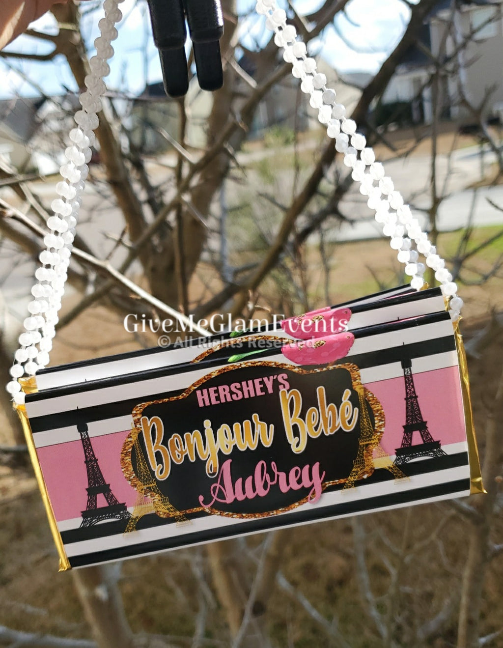Bonjour Bebe Paris Theme Baby Shower Candy Bar - Candy Bar Purses- Hershey Wrapper - Digital Printed Assembled Party Favors