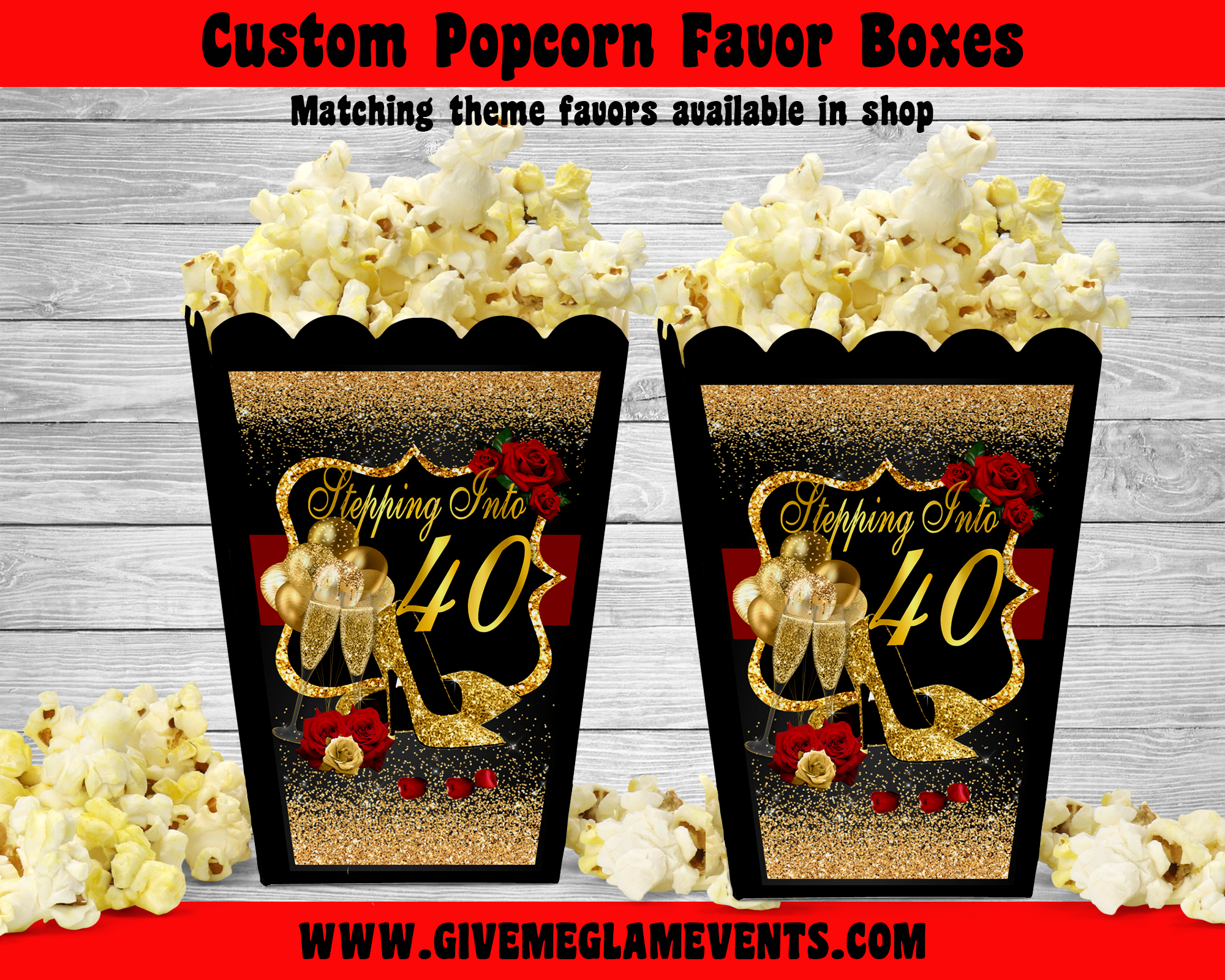Stepping Into 40 Popcorn Boxes Treat Candy Favor Boxes & Labels Digital, Printed, Assembled