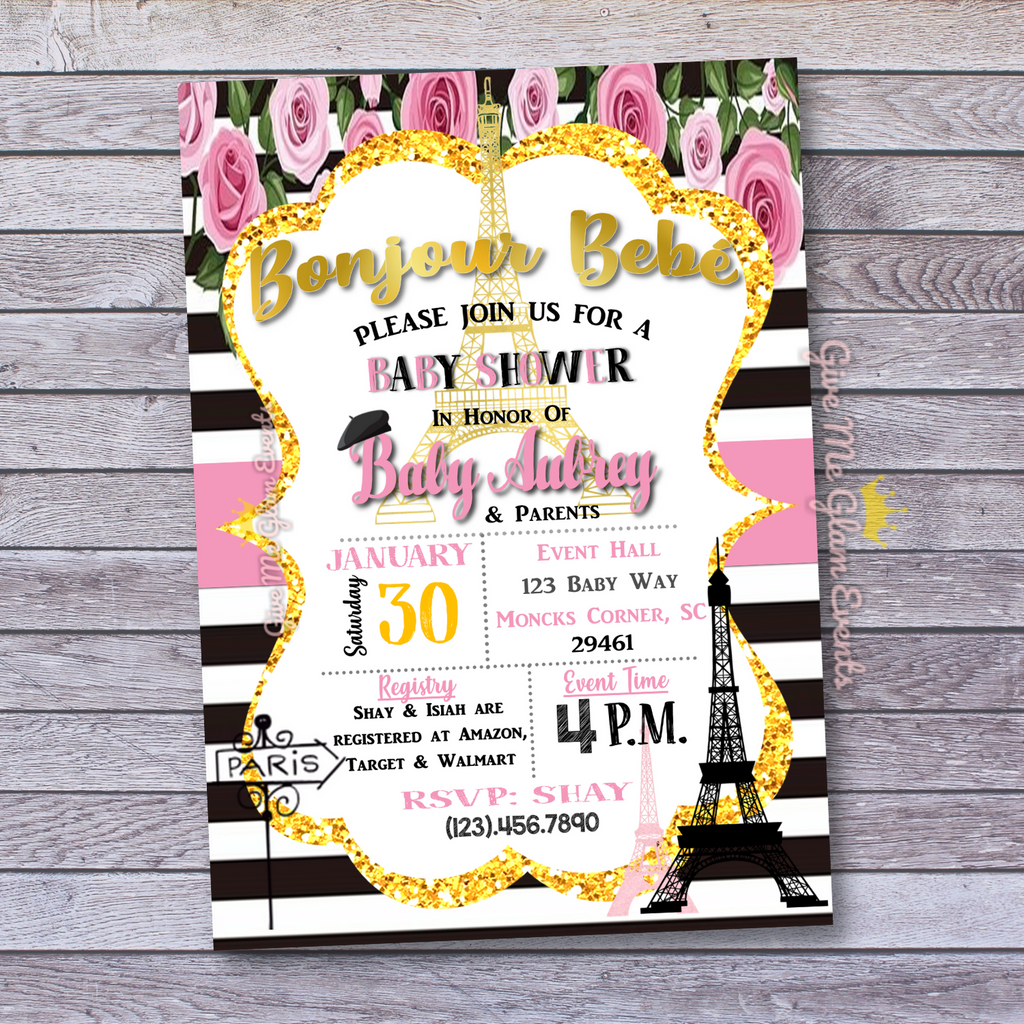 Bonjour Bebe Paris baby Shower Theme Digital Invitation Paris theme Printable Invite