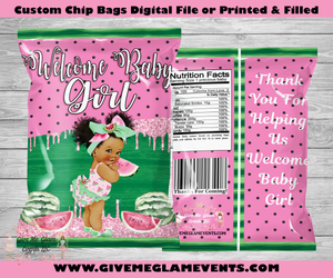Pink Watermelon Baby Shower- Chip Bags - Treat Favor Bags - Digital - Printed - Assembled