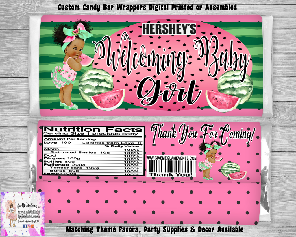 Pink Watermelon Baby Shower Candy Bar Hershey Wrapper - Chocolate Bar - Digital - Printed - Assembled Party Favors