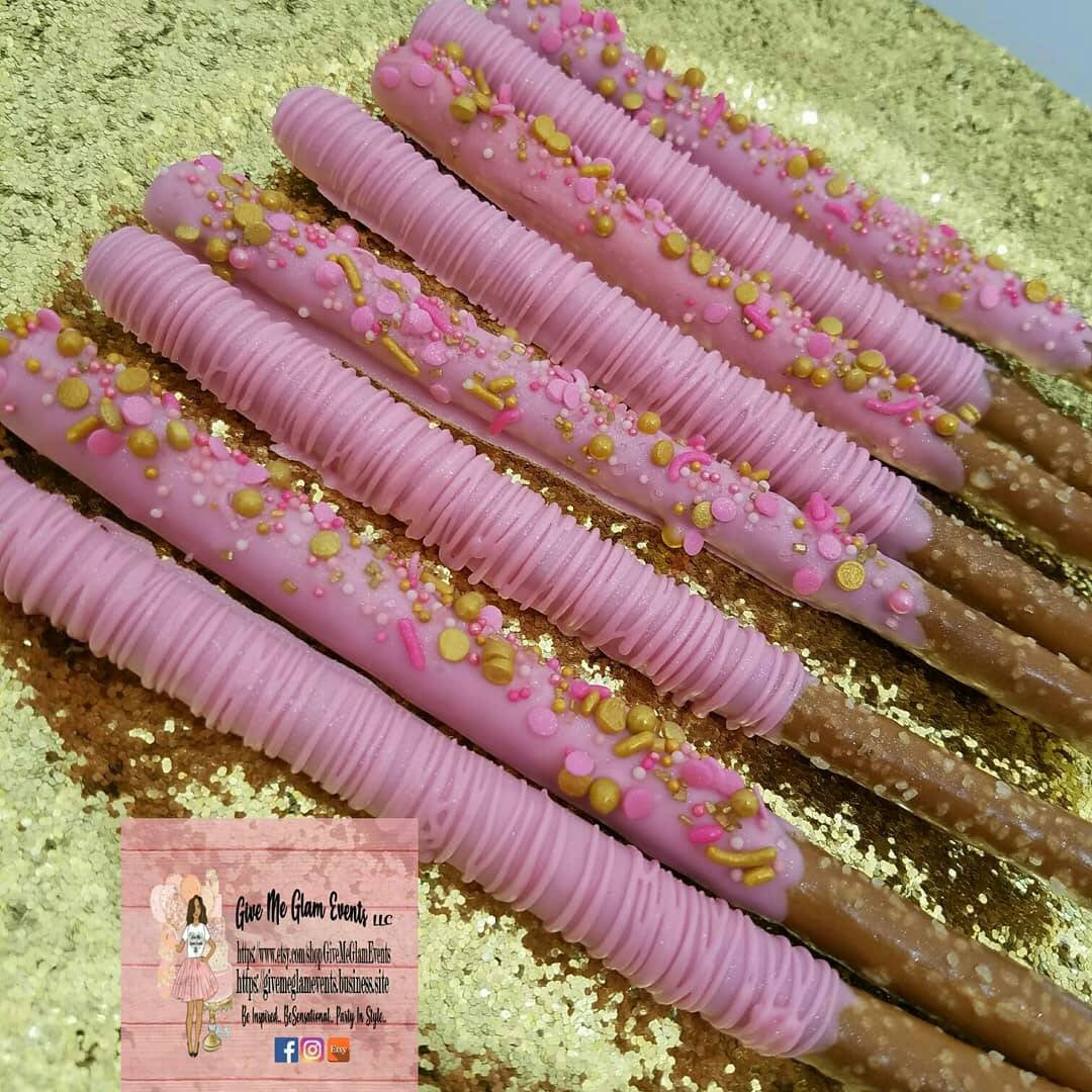 Little Princess & Gold Theme Chocolate Covered Dipped Pretzel Rod – Give Me Glam Events Creations