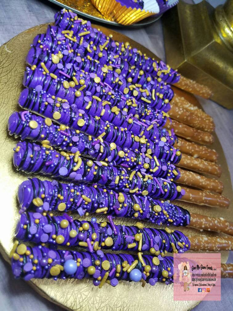 Royal Purple Princess Theme Chocolate Covered Dipped Pretzel Rods Purple & Gold 1 Dozen (12ct)