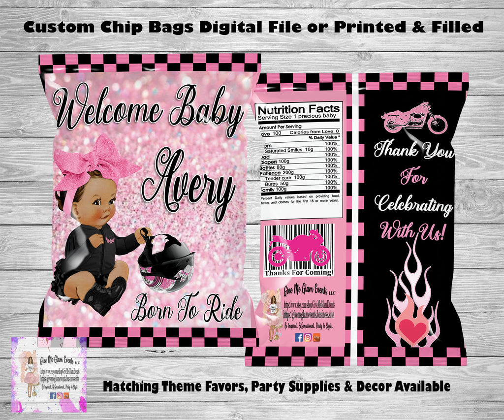 Baby Girl Biker Theme Chip Bags - Baby Motorcycle Favor Bags - Baby Shower favors - Digital - Printed - Assembled