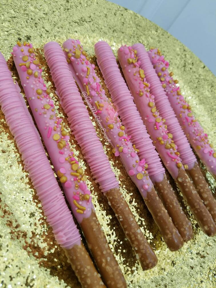 Little Princess Pink & Gold Theme Chocolate Covered Dipped Pretzel Rods 1 Dozen  (12ct)
