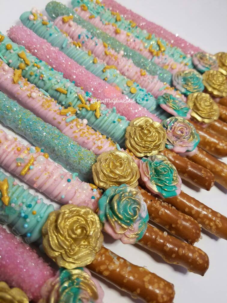 Chic Rose Theme Chocolate Covered Dipped Pretzels Boho Bling Glam – Give Me Glam Events Creations