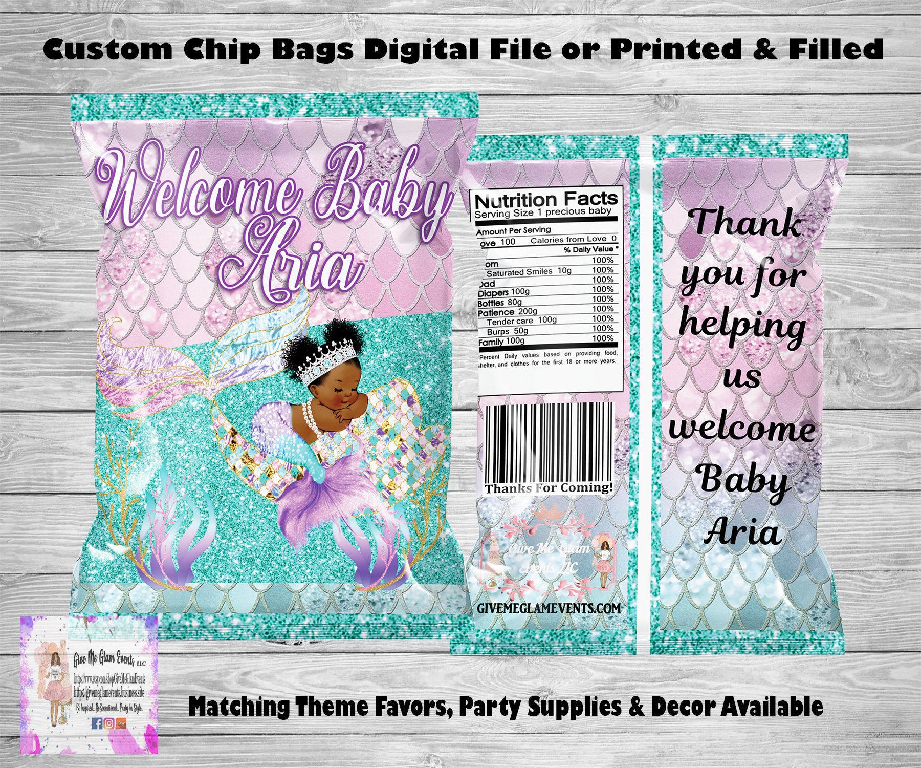 Mermaid Baby Shower Chip Bags - Favor Bags - Digital - Printed - Assembled