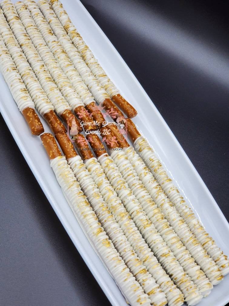 Elegant White And Gold Pretzels - Chocolate Dipped Pretzels - Splatter Pretzels - Chocolate Covered Pretzel Rods or Twists