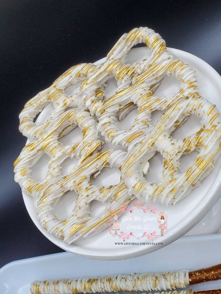 Elegant White And Gold Pretzels - Chocolate Dipped Pretzels - Splatter Pretzels - Chocolate Covered Pretzel Rods or Twists
